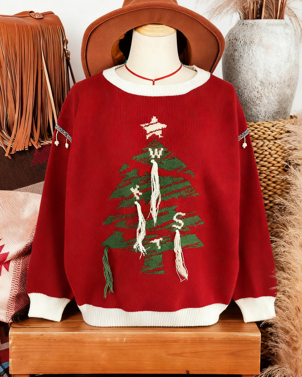 Christmas Tree Jacquard Fringe Trim Pullover - Red