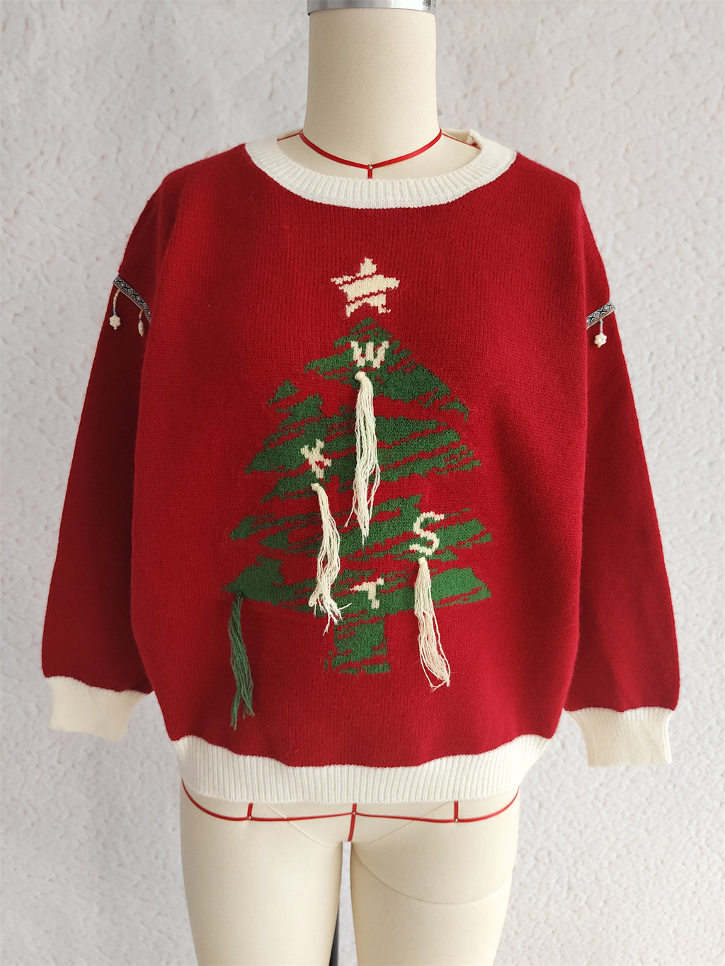 Christmas Tree Jacquard Fringe Trim Pullover - Red - 1