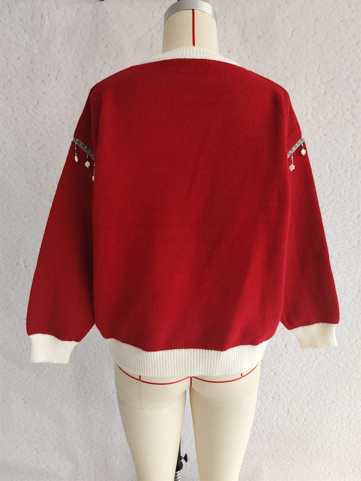 Christmas Tree Jacquard Fringe Trim Pullover - Red - 2