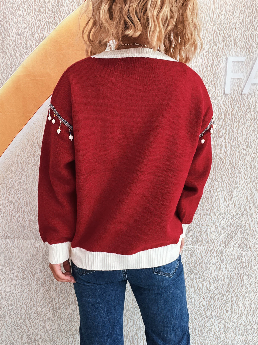 Christmas Tree Jacquard Fringe Trim Pullover - Red - 3