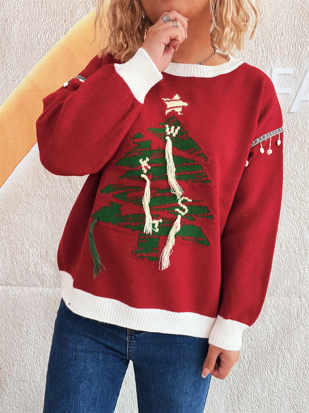 Christmas Tree Jacquard Fringe Trim Pullover - Red - 4