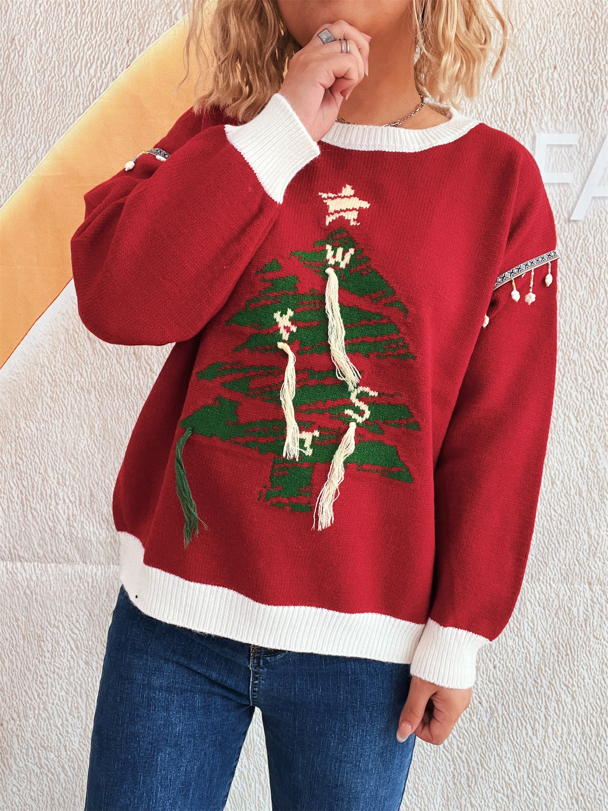 Christmas Tree Jacquard Fringe Trim Pullover - Red - 4