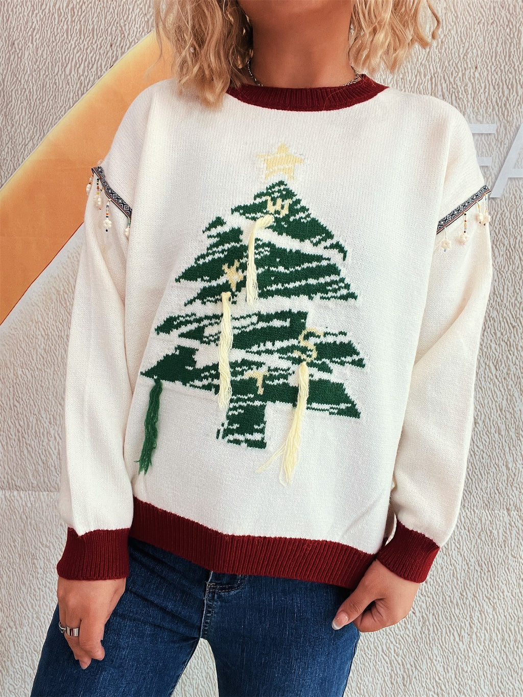 Christmas Tree Jacquard Fringe Trim Pullover - White