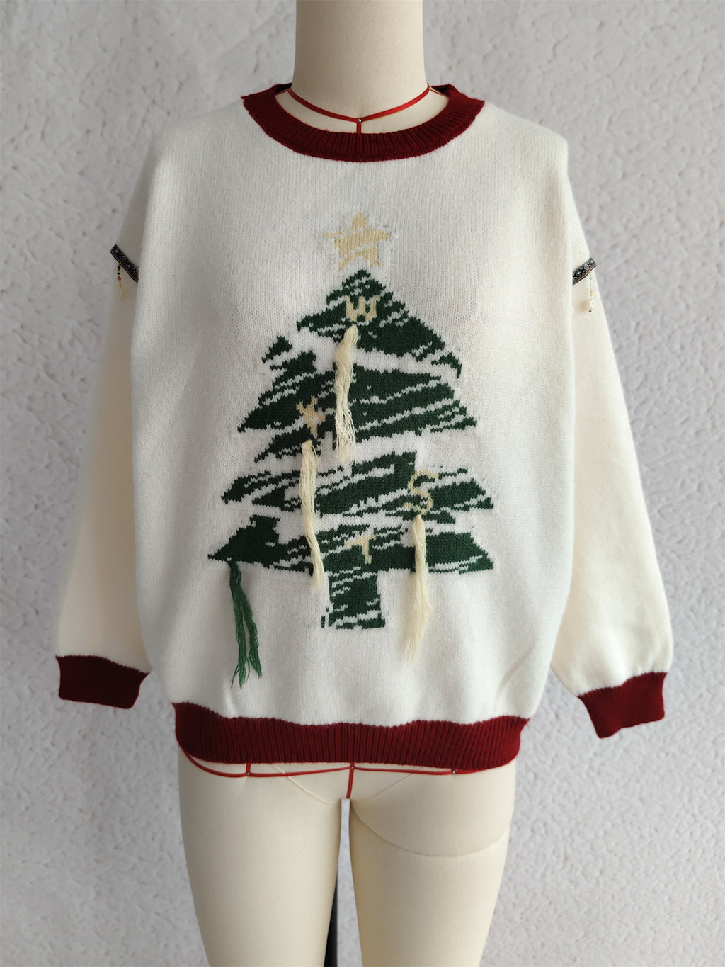Christmas Tree Jacquard Fringe Trim Pullover - White - 1