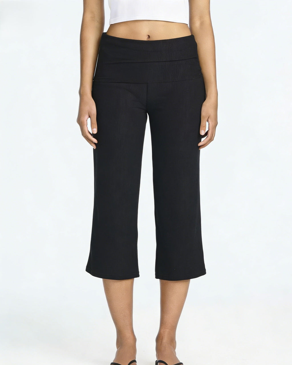 Rollover Waistband Wide Leg Cropped Pants - Black