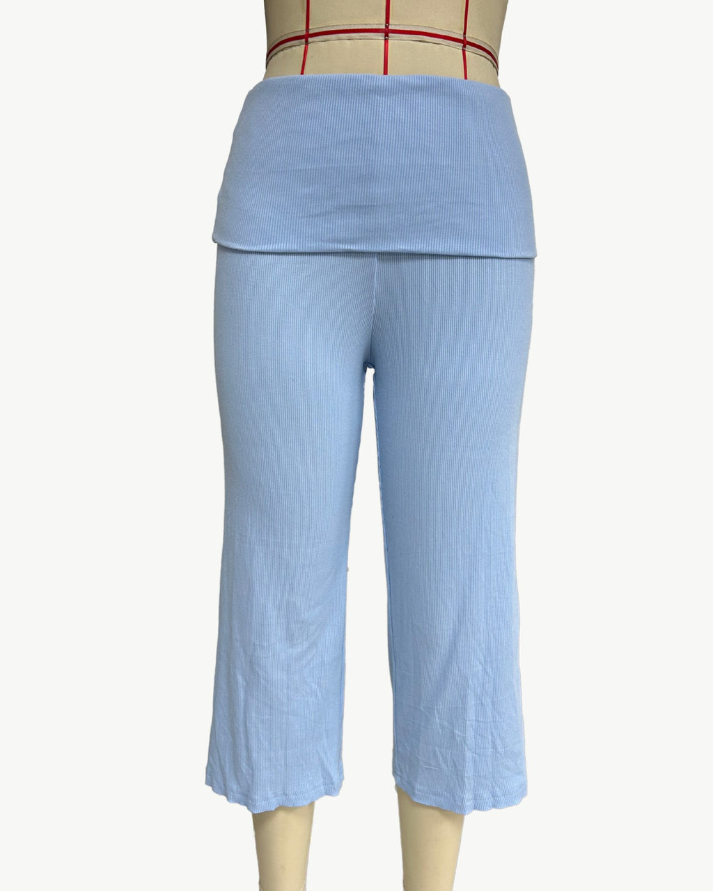 Rollover Waistband Wide Leg Cropped Pants - Blue