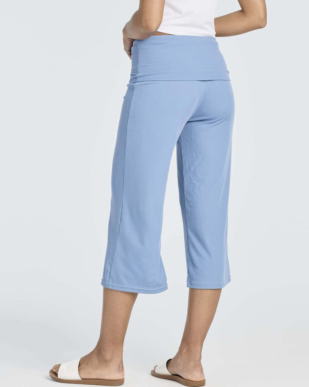 Rollover Waistband Wide Leg Cropped Pants - Blue - 1