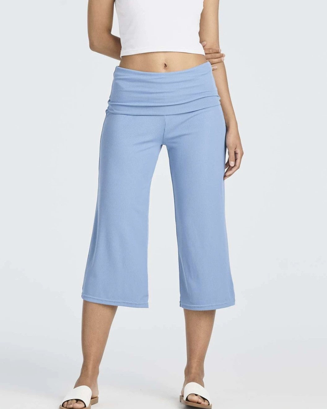 Rollover Waistband Wide Leg Cropped Pants - Blue - 2