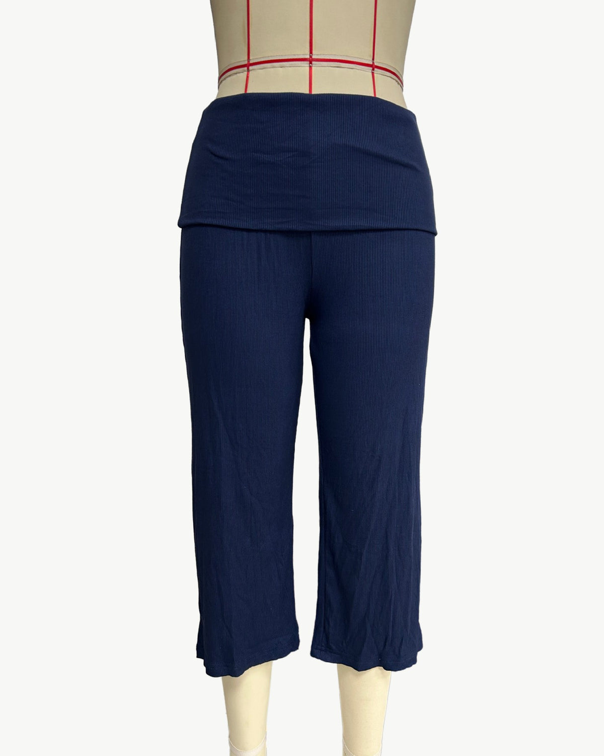 Rollover Waistband Wide Leg Cropped Pants - Dark-Blue
