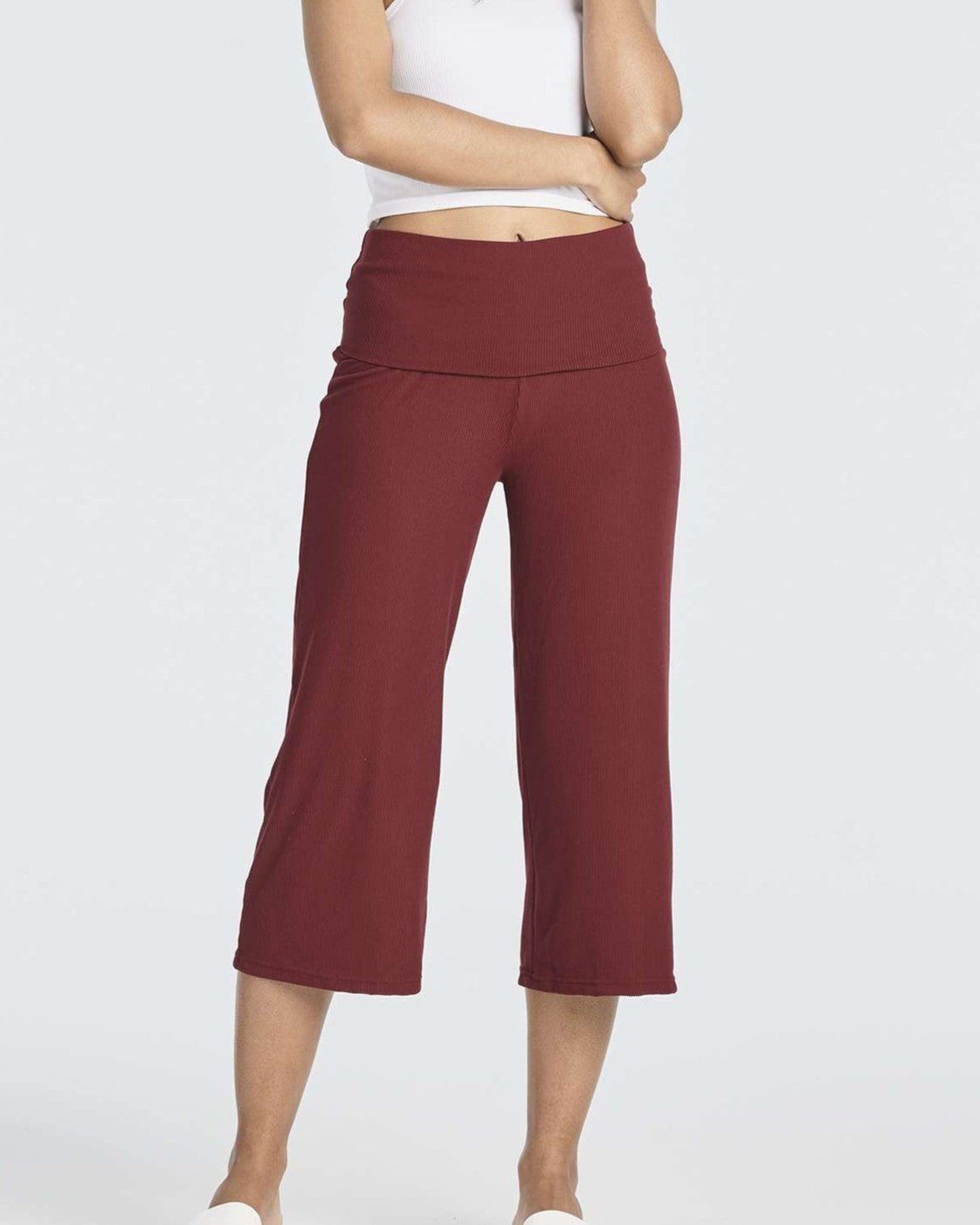 Rollover Waistband Wide Leg Cropped Pants - Wine-Red