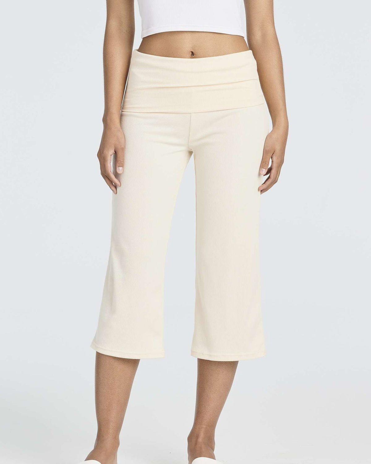Rollover Waistband Wide Leg Cropped Pants - Yellow