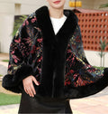Floral Sequin Velvet Faux Fur Cape - Black