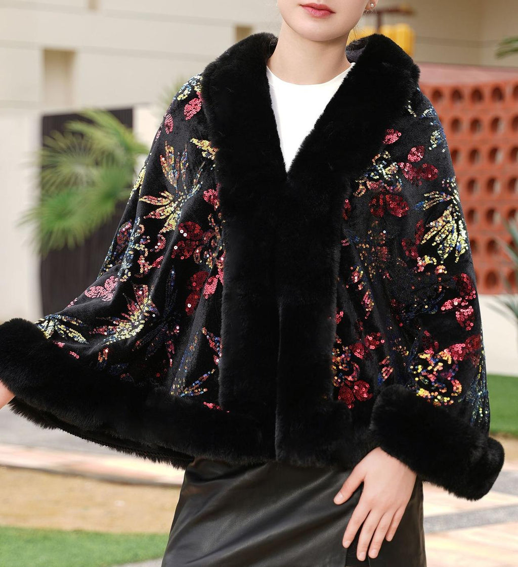 Floral Sequin Velvet Faux Fur Cape - Black - 3