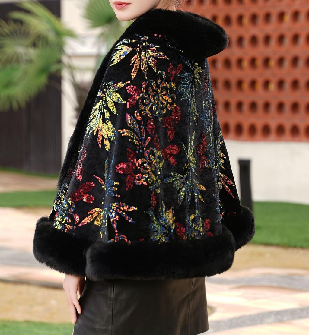 Floral Sequin Velvet Faux Fur Cape - Black - 4