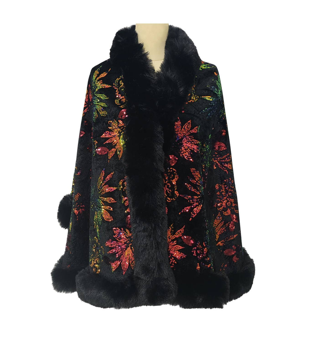 Floral Sequin Velvet Faux Fur Cape