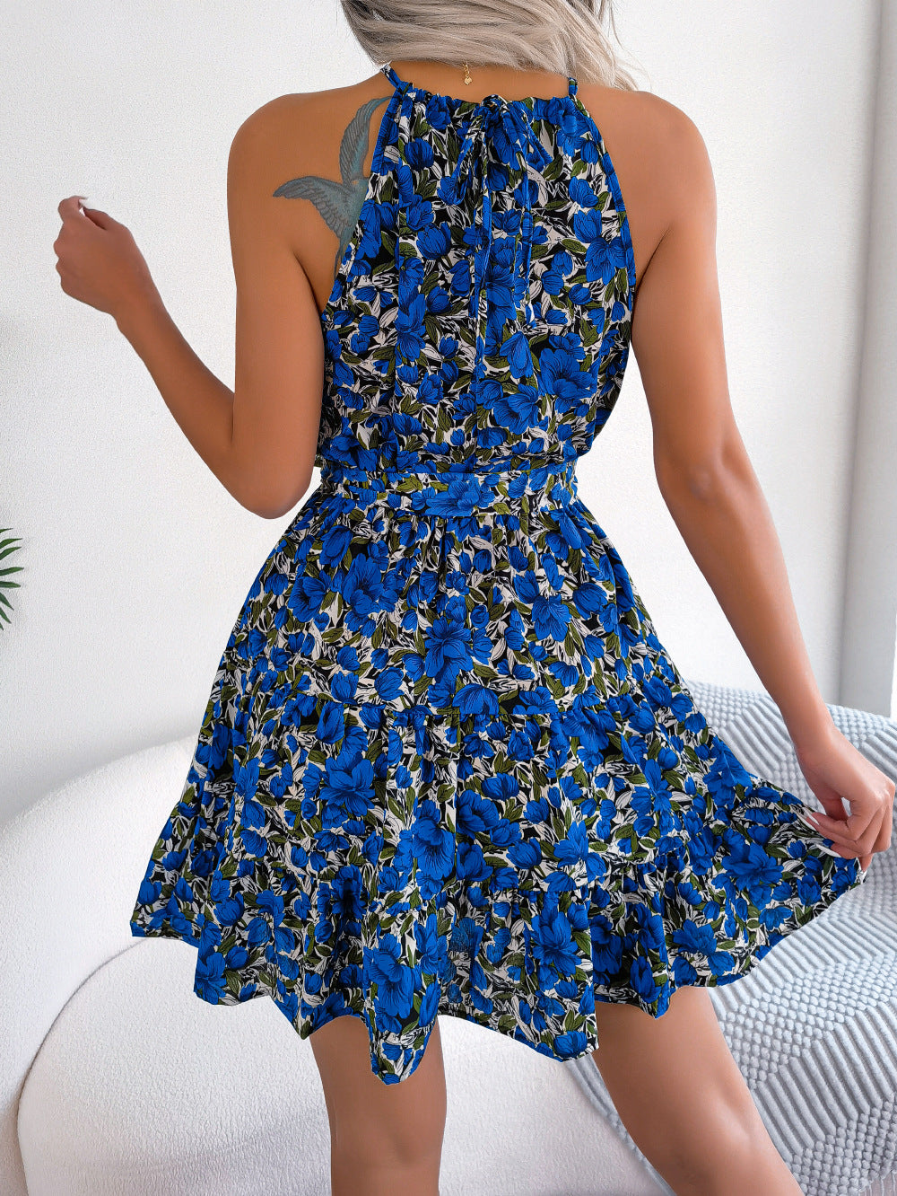 Ditsy Floral Halter Neck Flared Mini Dress - Blue - 1