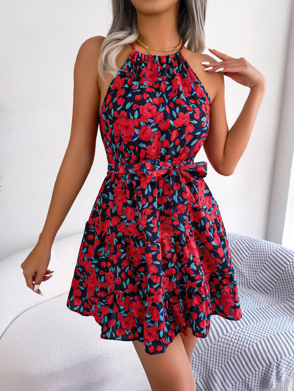 Ditsy Floral Halter Neck Flared Mini Dress - Navyblue - 1