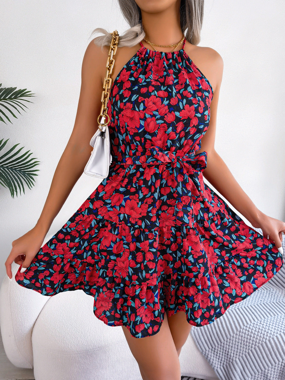 Ditsy Floral Halter Neck Flared Mini Dress - Navyblue - 2