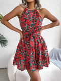 Ditsy Floral Halter Neck Flared Mini Dress - Red