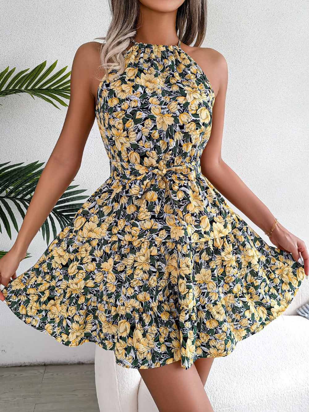 Ditsy Floral Halter Neck Flared Mini Dress - Yellow