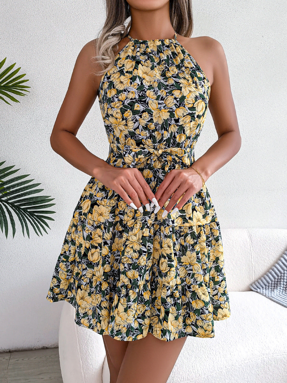 Ditsy Floral Halter Neck Flared Mini Dress - Yellow - 1