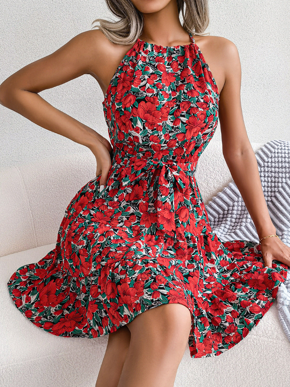 Ditsy Floral Halter Neck Flared Mini Dress - view 1