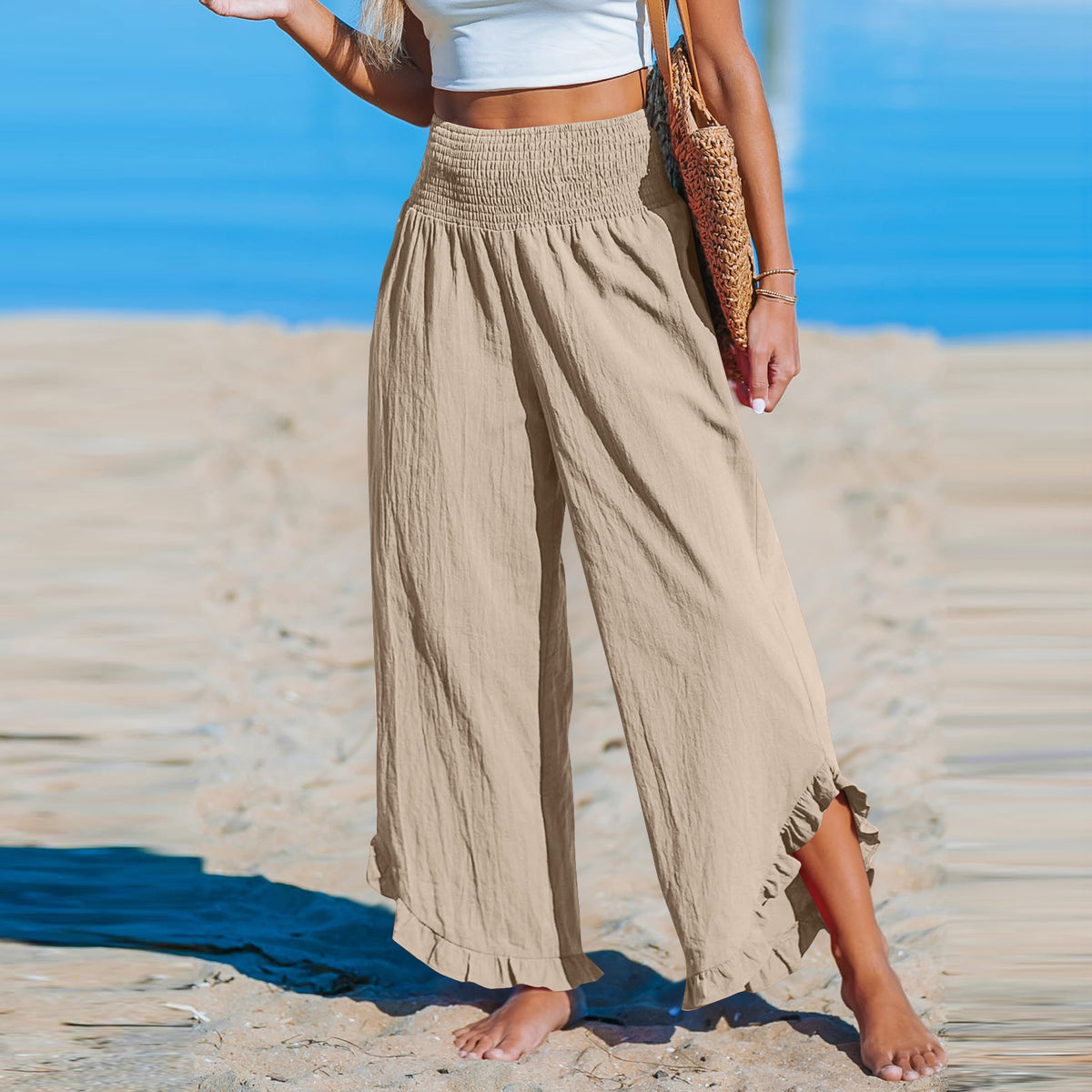 Cotton Linen Wide Leg Pants With Ruffle Hem - Apricot