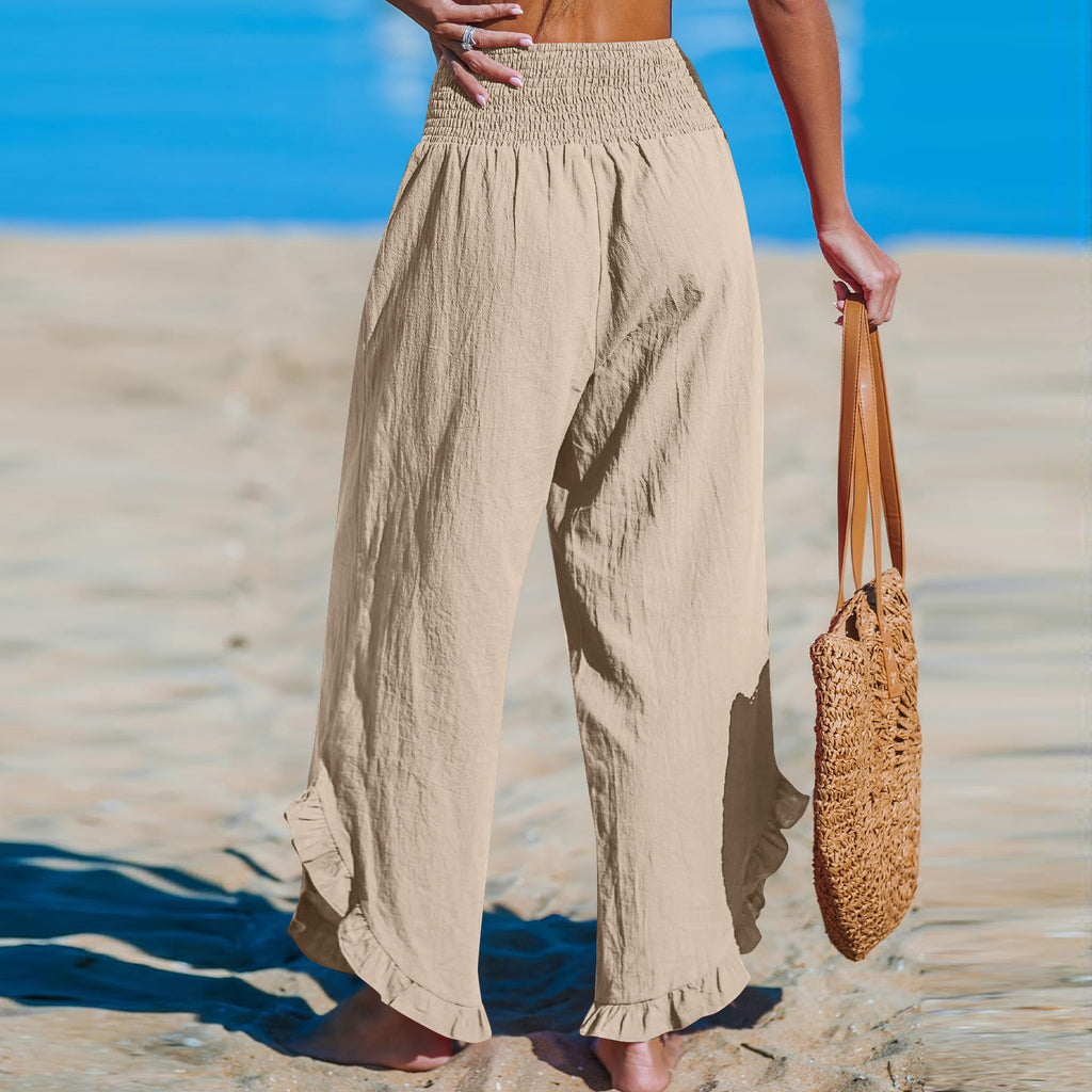 Cotton Linen Wide Leg Pants With Ruffle Hem - Apricot - 1