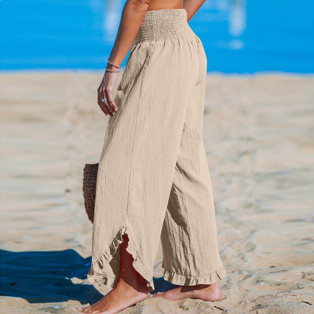 Cotton Linen Wide Leg Pants With Ruffle Hem - Apricot - 2