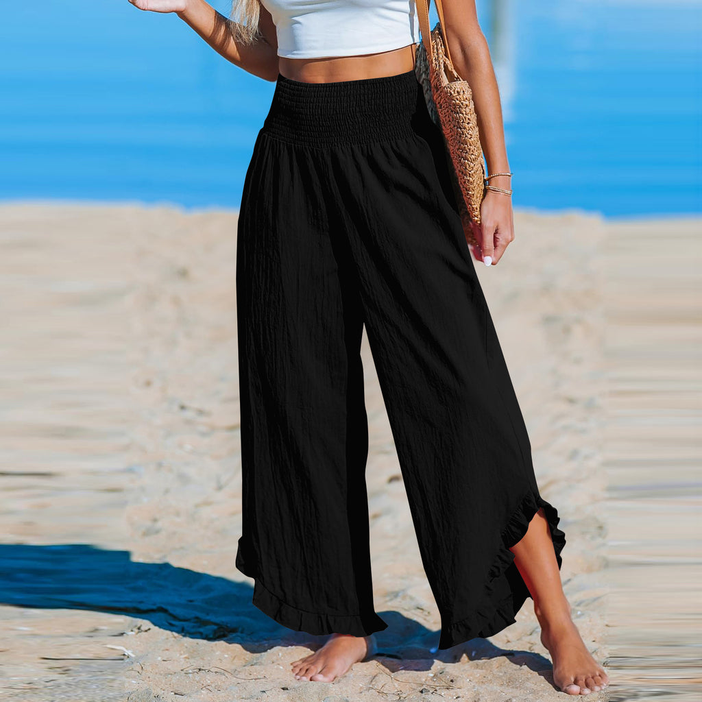 Cotton Linen Wide Leg Pants With Ruffle Hem - Black