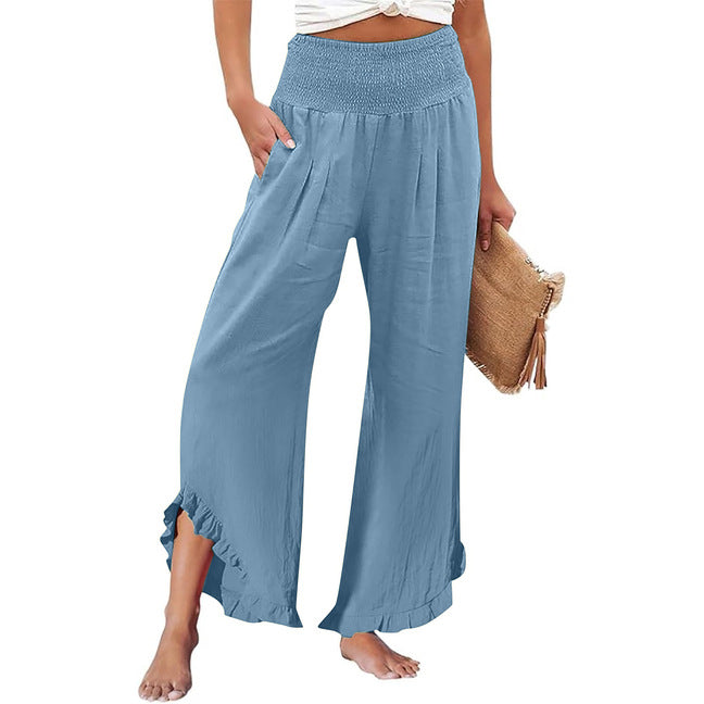 Cotton Linen Wide Leg Pants With Ruffle Hem - Blue