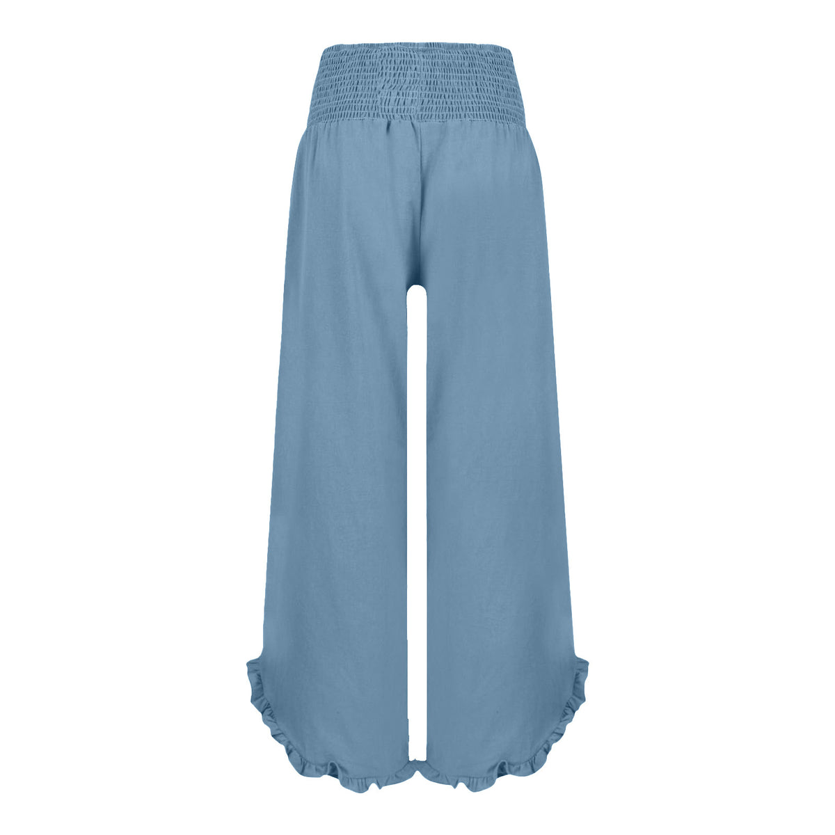 Cotton Linen Wide Leg Pants With Ruffle Hem - Blue - 1