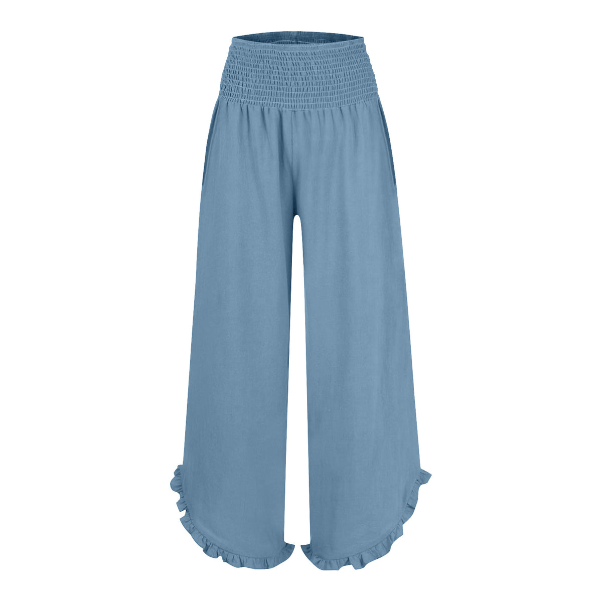 Cotton Linen Wide Leg Pants With Ruffle Hem - Blue - 2