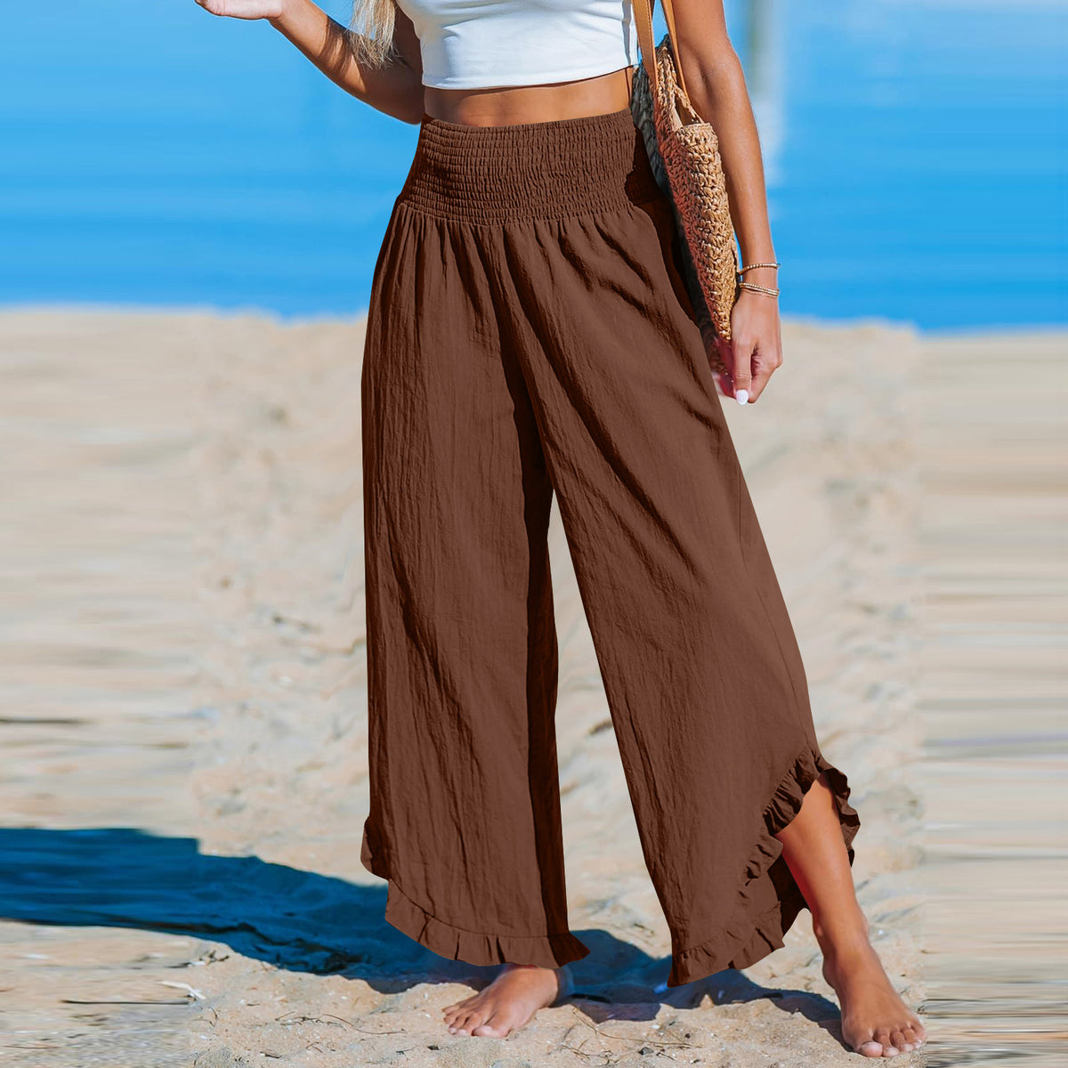 Cotton Linen Wide Leg Pants With Ruffle Hem - Brown