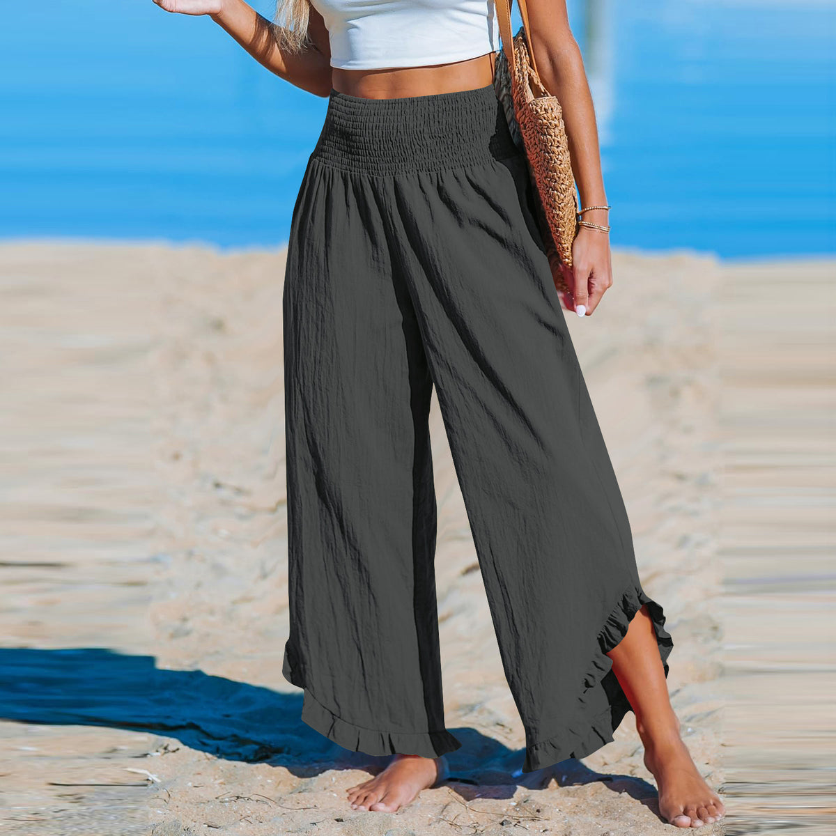 Cotton Linen Wide Leg Pants With Ruffle Hem - DarkGray