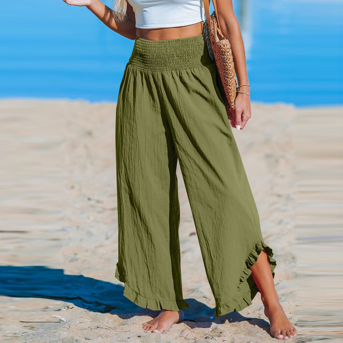 Cotton Linen Wide Leg Pants With Ruffle Hem - Green
