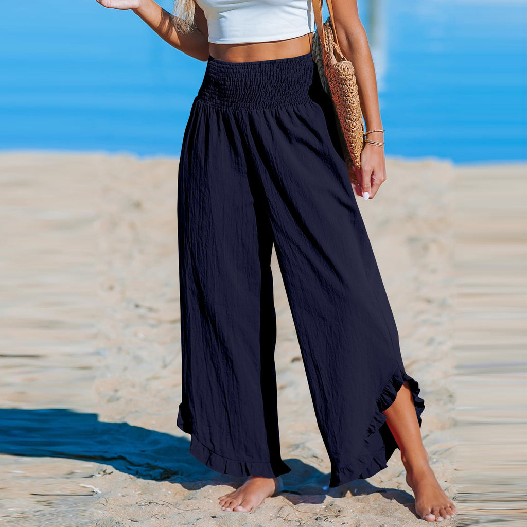 Cotton Linen Wide Leg Pants With Ruffle Hem - NavyBlue