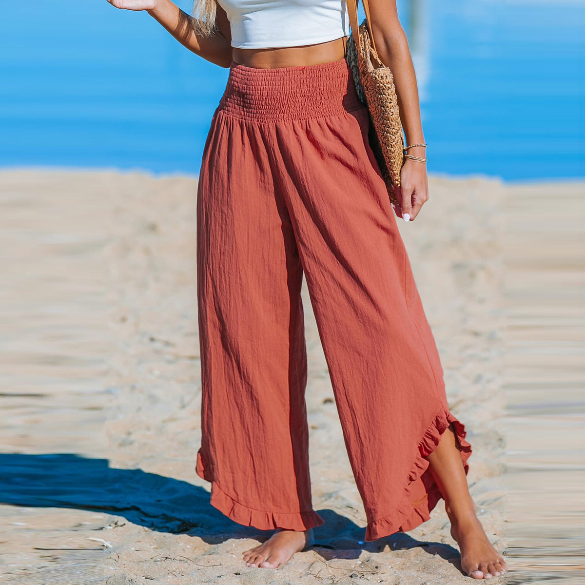 Cotton Linen Wide Leg Pants With Ruffle Hem - Orange