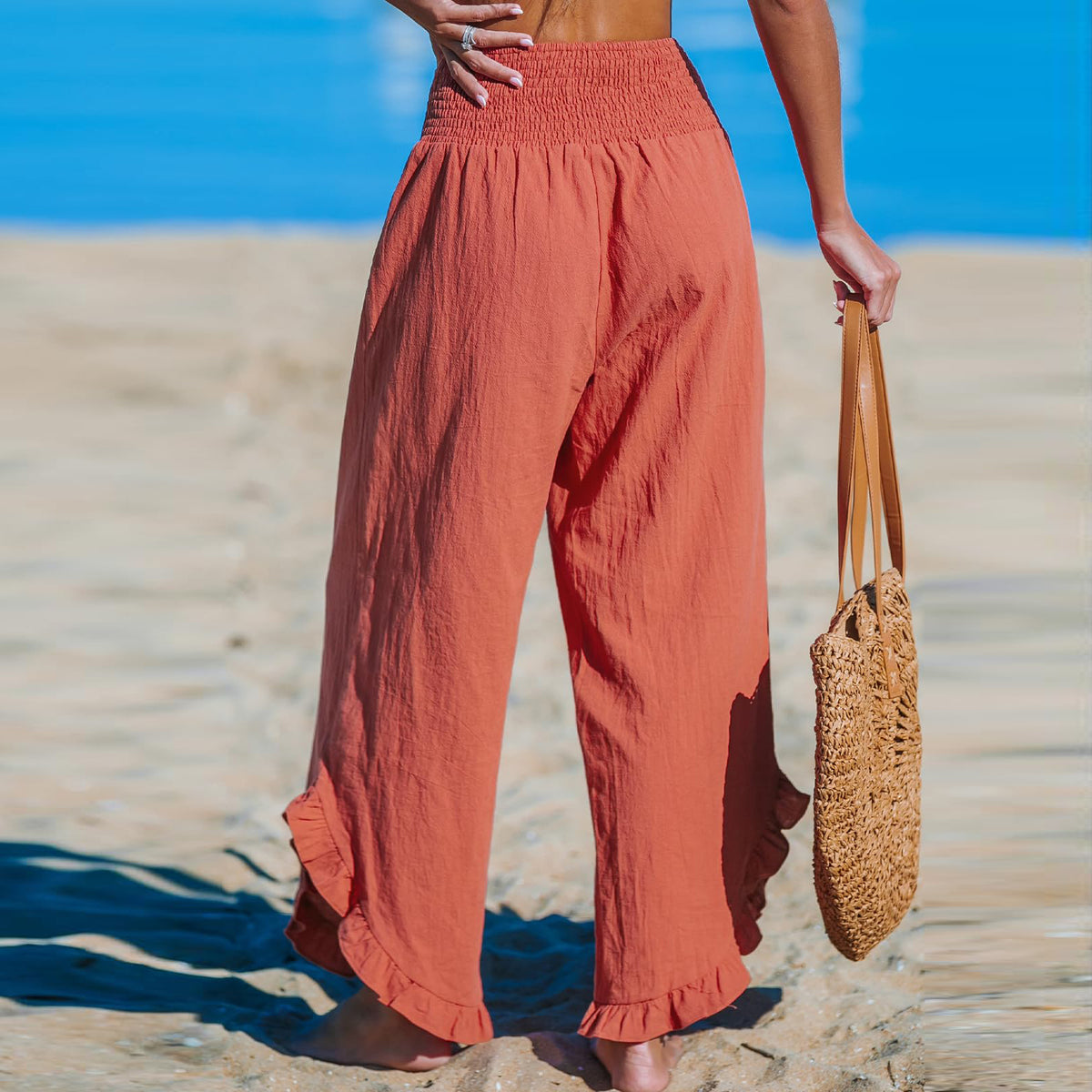 Cotton Linen Wide Leg Pants With Ruffle Hem - Orange - 1