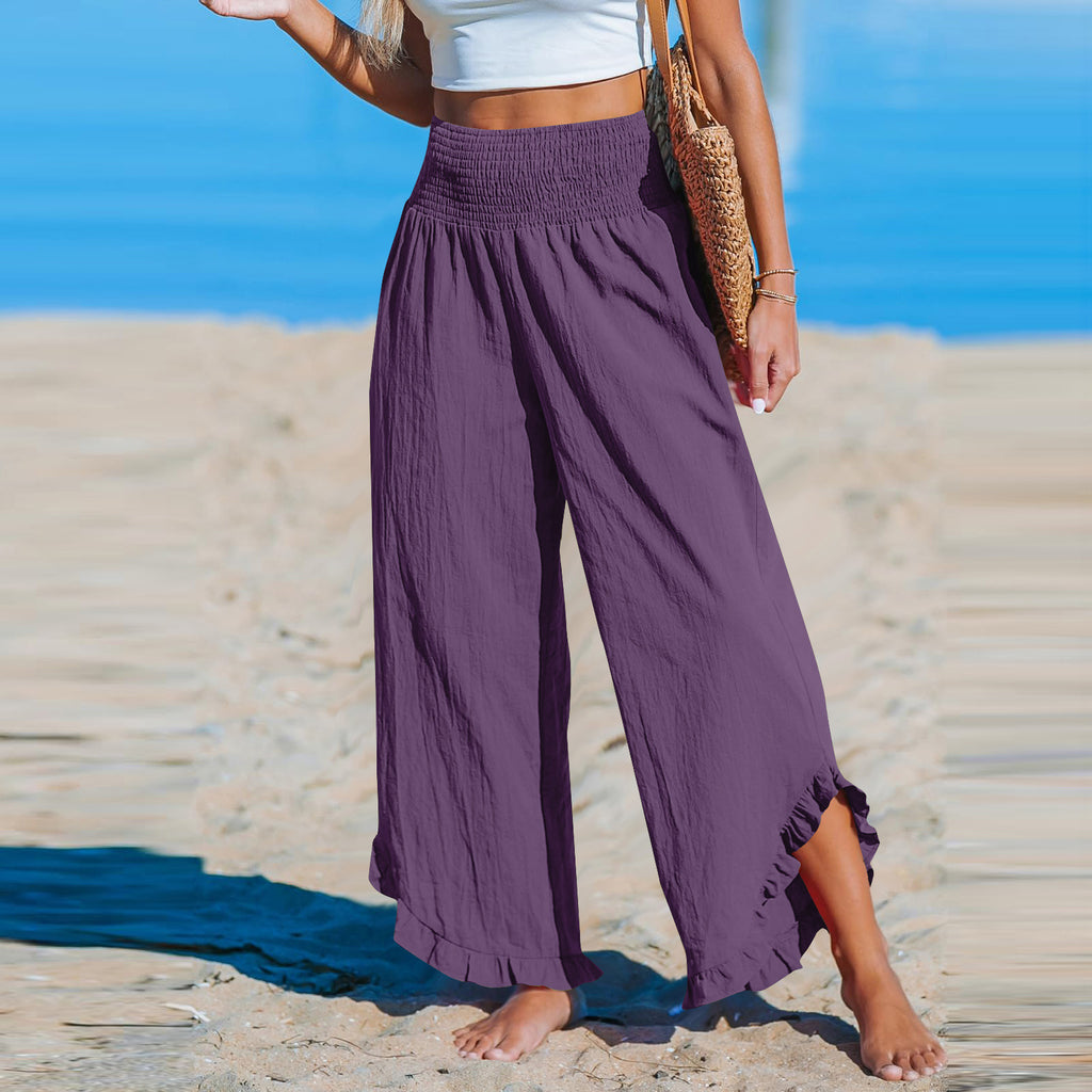 Cotton Linen Wide Leg Pants With Ruffle Hem - Purple