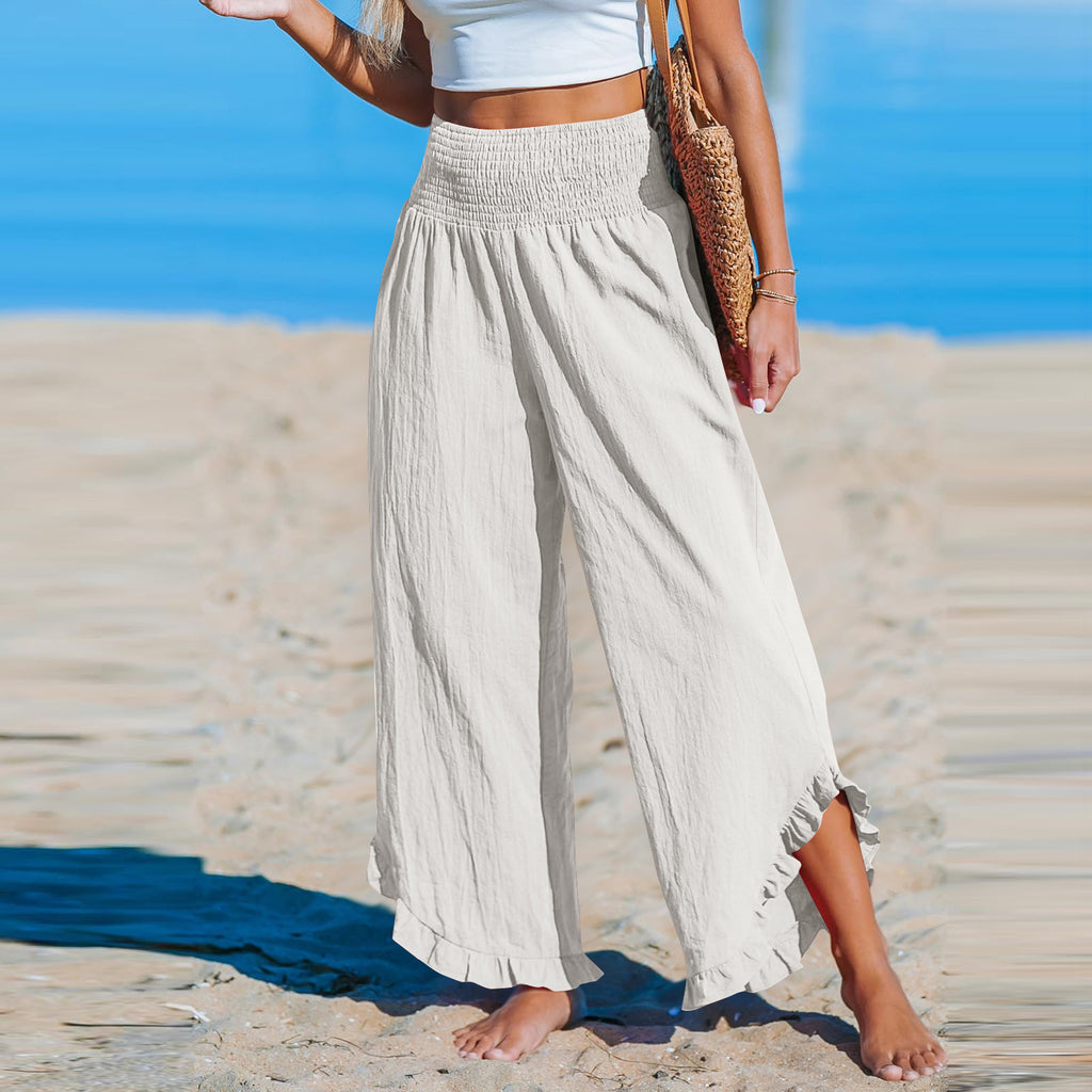 Cotton Linen Wide Leg Pants With Ruffle Hem - White