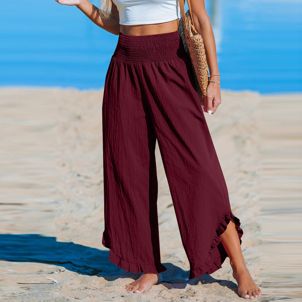 Cotton Linen Wide Leg Pants With Ruffle Hem - WineRed