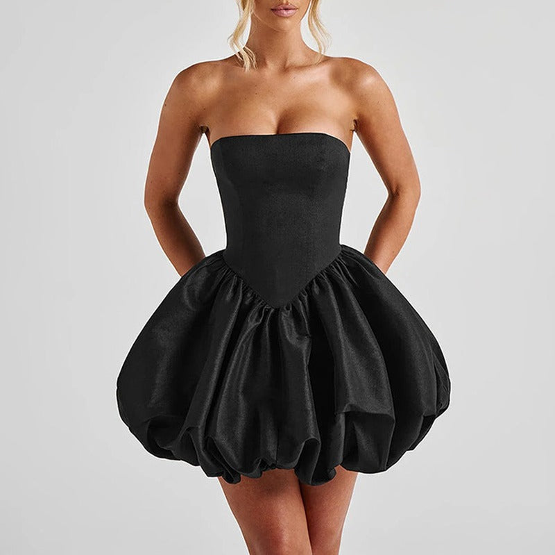Strapless Satin Bow Back Bubble Mini Dress - Black