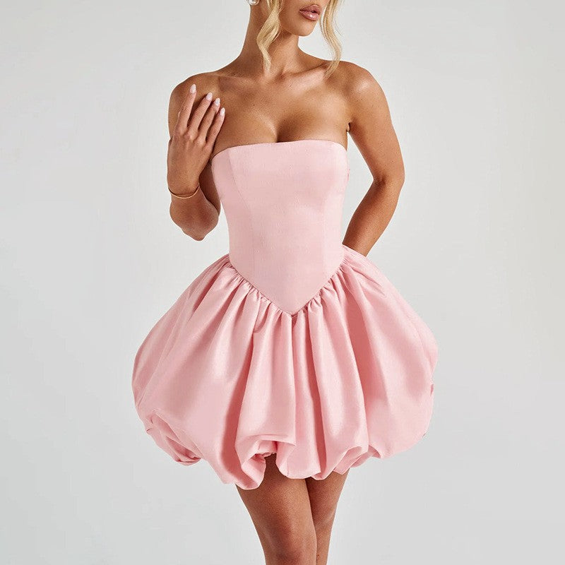 Strapless Satin Bow Back Bubble Mini Dress - Pink