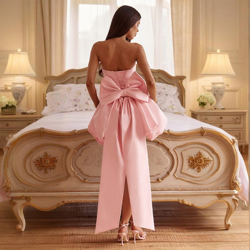 Strapless Satin Bow Back Bubble Mini Dress