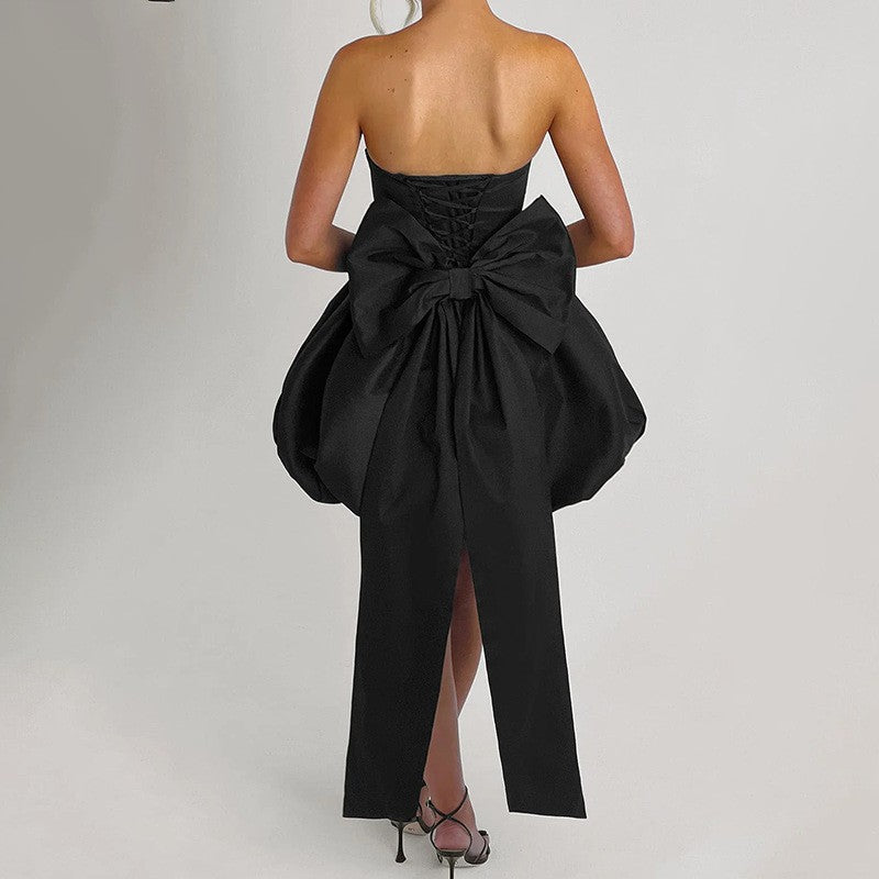 Strapless Satin Bow Back Bubble Mini Dress