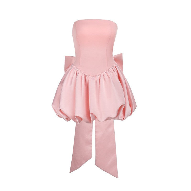 Strapless Satin Bow Back Bubble Mini Dress