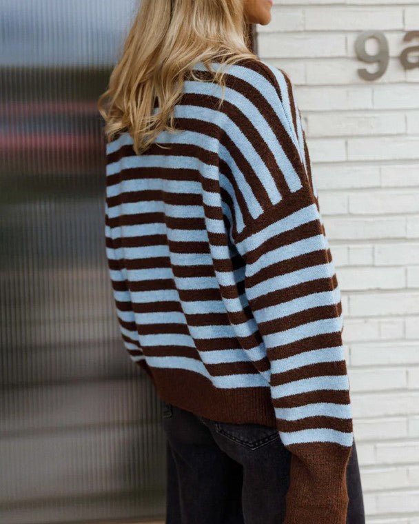 Contrast Cuff Striped Knit Pullover Sweater - Coffee - 1