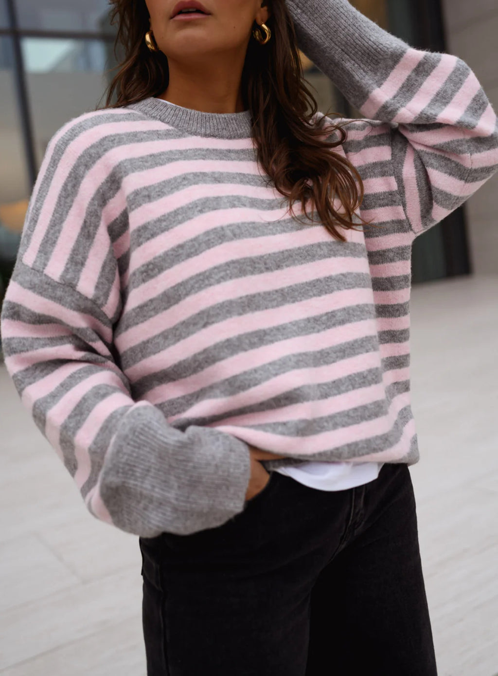 Contrast Cuff Striped Knit Pullover Sweater - Pink