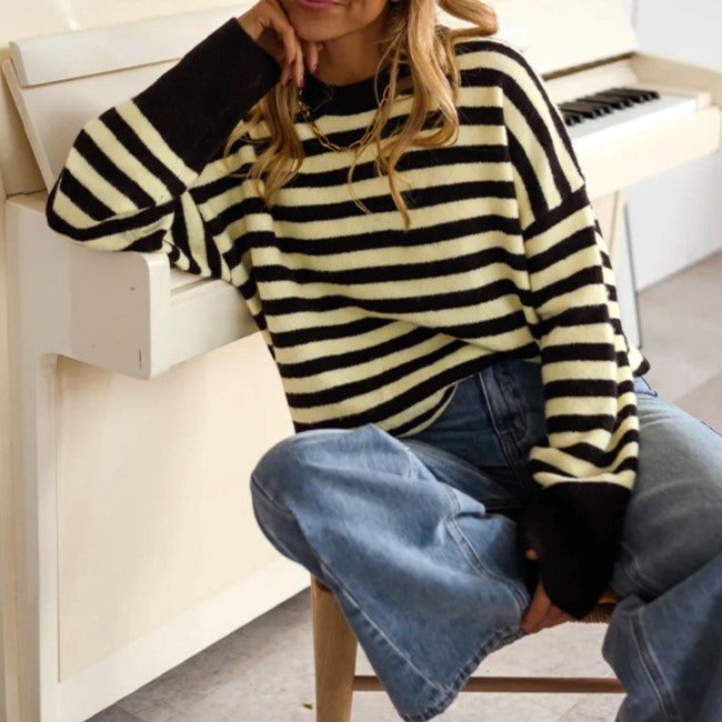 Contrast Cuff Striped Knit Pullover Sweater - Yellow